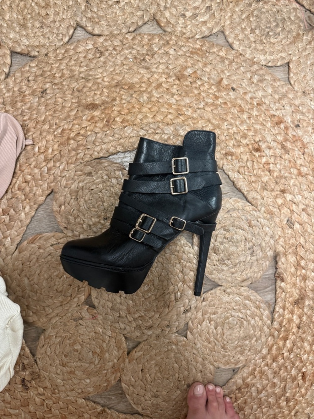 Black Strappy High-Heel Ankle Boots with Buckle Detail